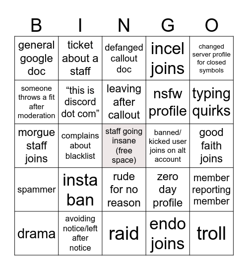 Defanged Staff Bingo Card