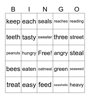 Alphie Discovers Long E Spellings ee,ea,-y Bingo Card
