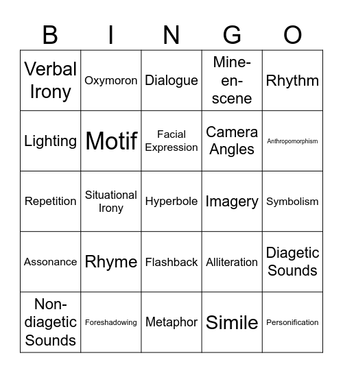 English Techniques Bingo Card