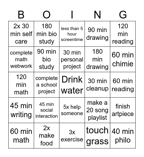 long weekend Bingo Card