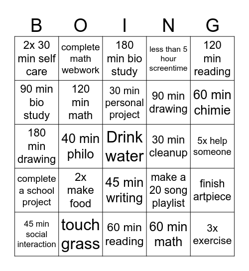 long weekend Bingo Card