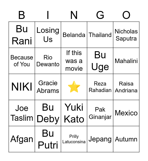 Bahasa Inggris Bingo Card