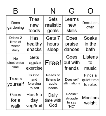 Wellbeing Bingo Card