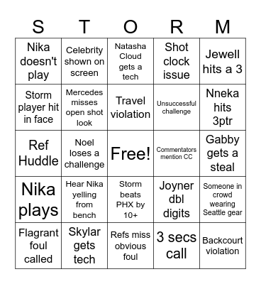 Seattle vs PHX WNBA Bingo Card