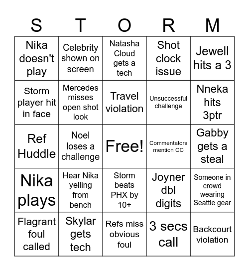 Seattle vs PHX WNBA Bingo Card
