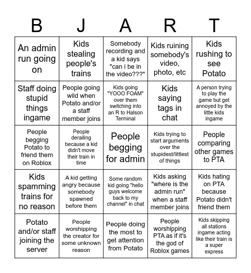 PTA Server Bingo Card