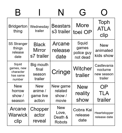 Netflix Geeked Bingo Card