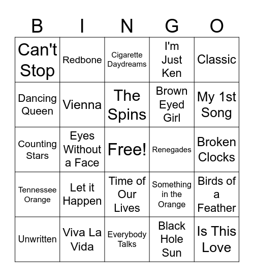 Song Bingo B Day #1 Bingo Card