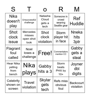 Storm vs PHX Bingo Card