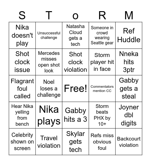 Storm vs PHX Bingo Card