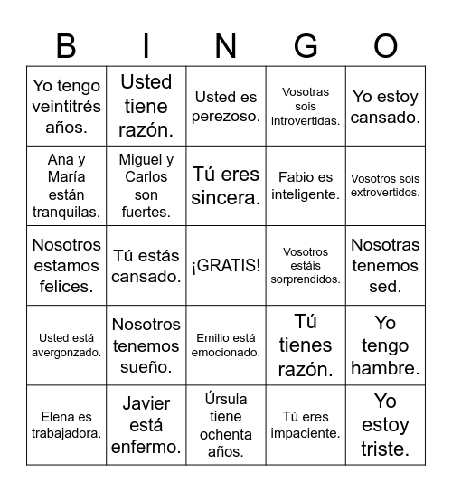 SPA 2 Ser, estar, y tener Práctica Día 3 Bingo Card