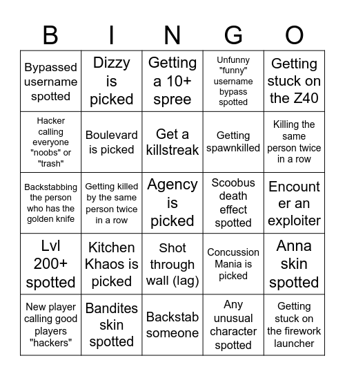 Roblox Arsenal Bingo Card