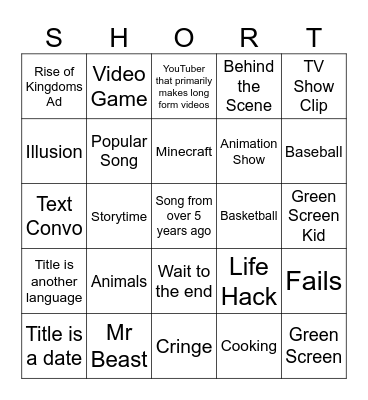 YouTube Shorts Bingo Card