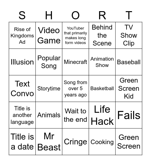 YouTube Shorts Bingo Card