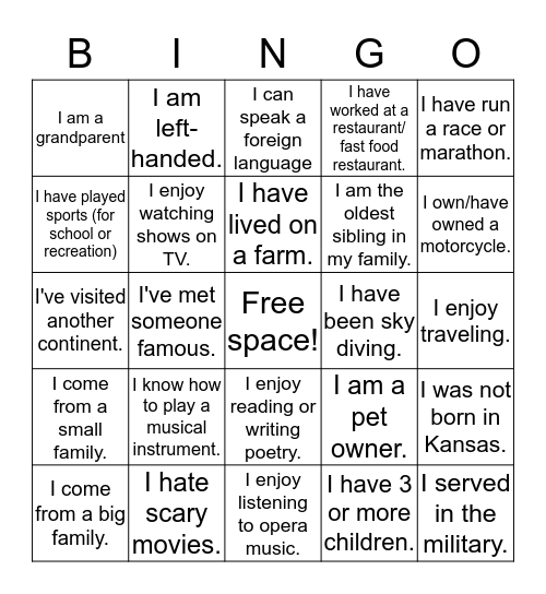 Life Experience Bingo  Bingo Card