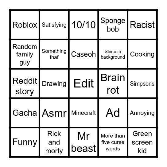 YouTube shorts Bingo Card
