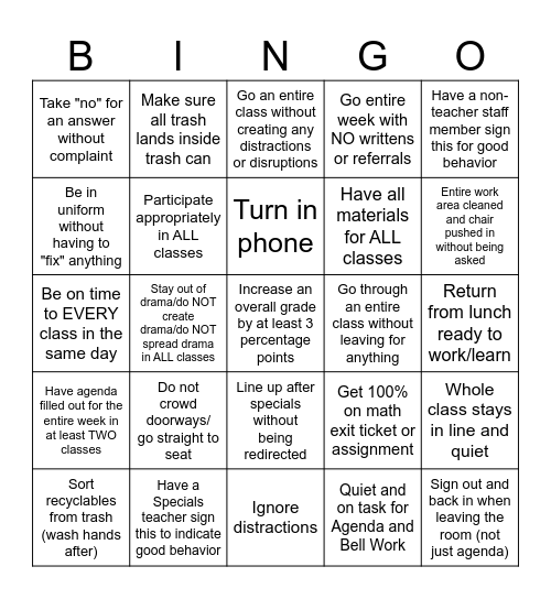 Positive Behavior  Bingo 2 Bingo Card