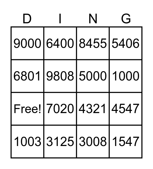 Number Bingo Card