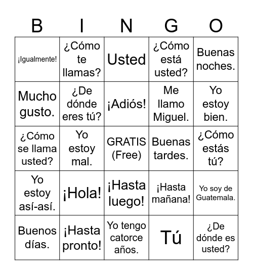 SPA 1 Saludos, despedidas e introducciones Bingo Card