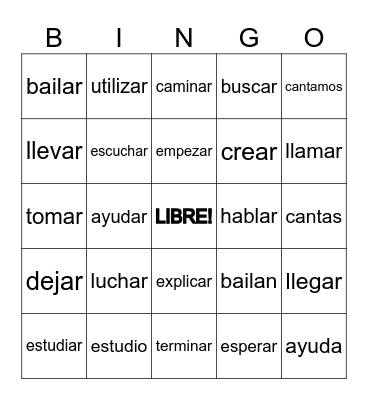 AR verbs Bingo Card