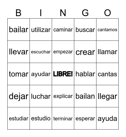 AR verbs Bingo Card