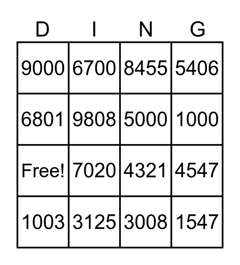 Number Bingo Card