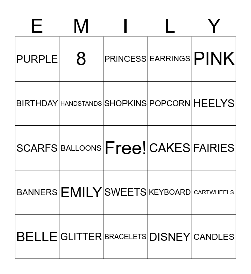 EMILY'S AFTERNOON TEA Bingo Card