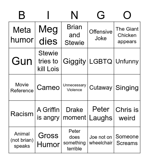 Family Guy Funny Moments Bingo Card