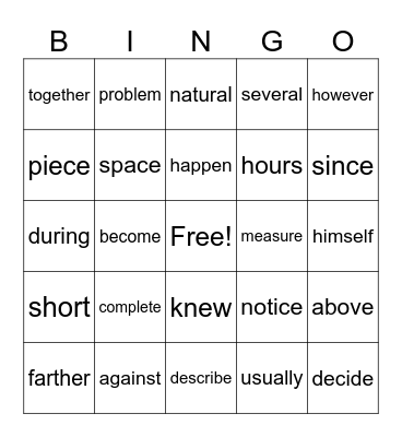 Vocabulary Bingo Card