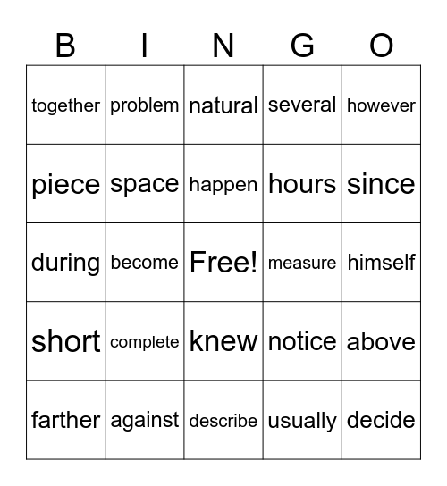 Vocabulary Bingo Card