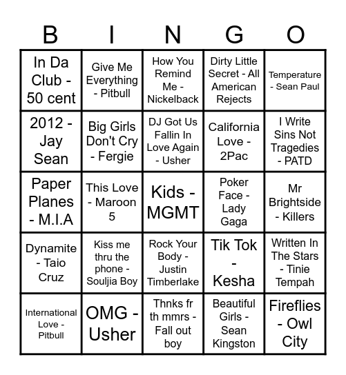 2000s Bingo Card