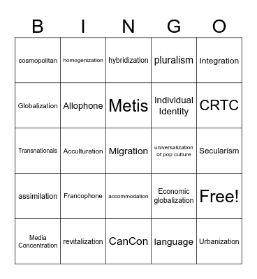 Social Globalization Unit 1 Bingo Card