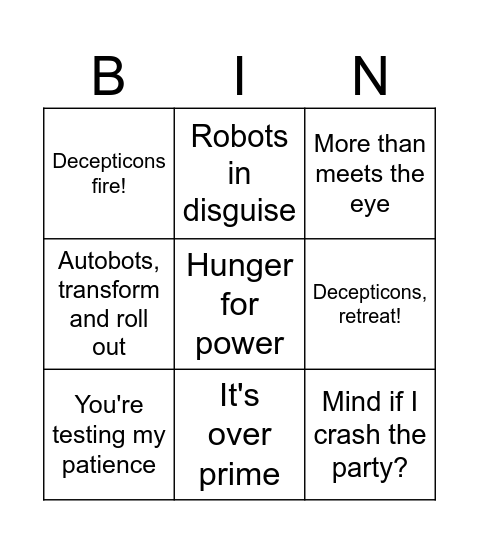 Transformers One Bingo Card