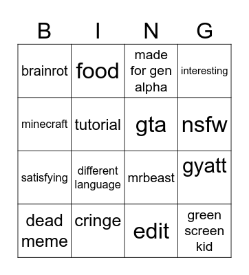 youtube shorts bingo Card