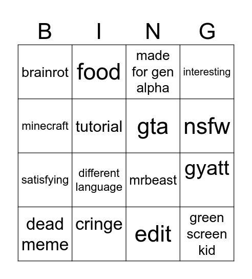 youtube shorts bingo Card