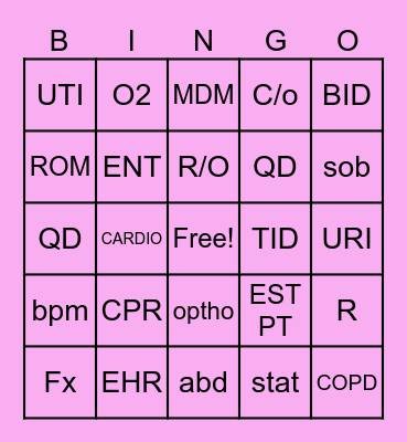 Medical Abbreviation Bingo Card