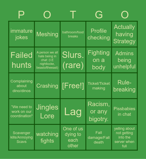 Path of Titans GC Bingo Card