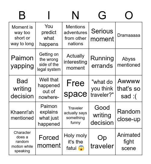 Genshin quest bingo Card