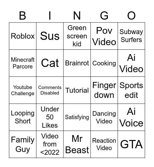 Youtube Shorts Bingo Card