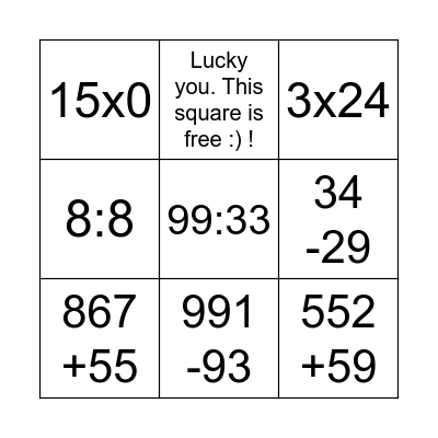 Bingo - easy mathematics Bingo Card