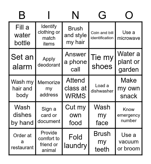 LIFESKILLS BINGO Card