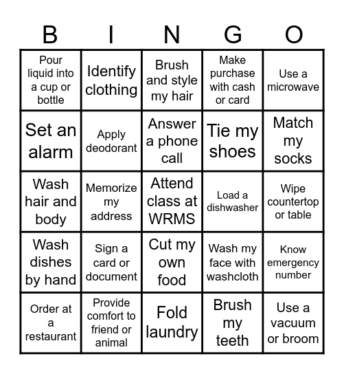 LIFESKILLS BINGO Card