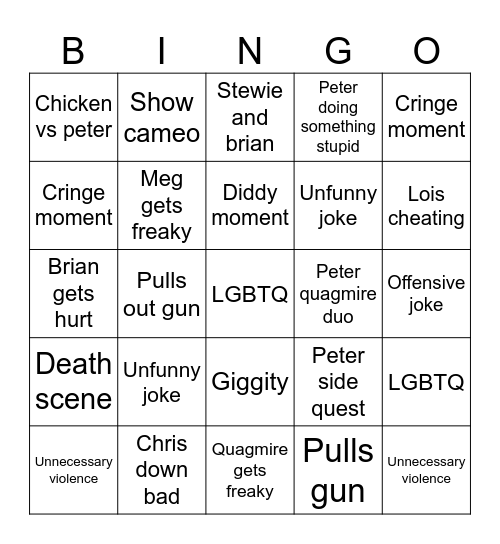 Family guy bingo Card