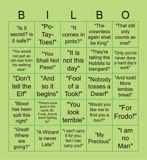 Lord of the Rings Bingo Card