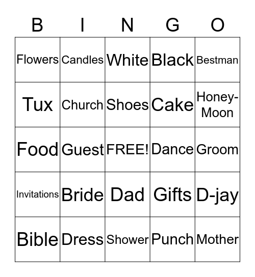 Bridal  Bingo Card