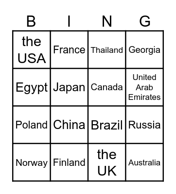 Countries Bingo Card