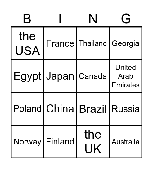 Countries Bingo Card