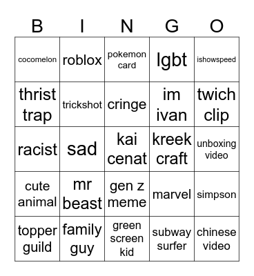 youtube short Bingo Card