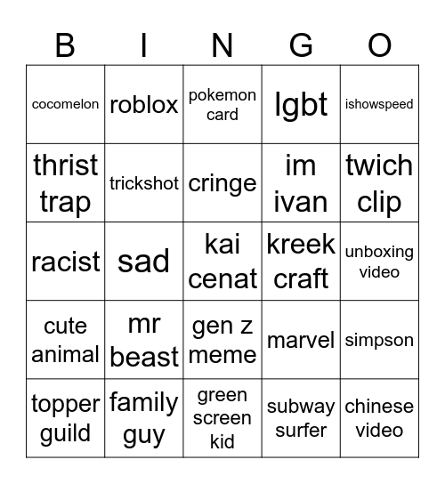 youtube short Bingo Card