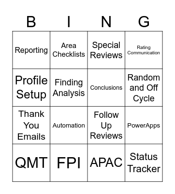 Service Line Support Bingo Card